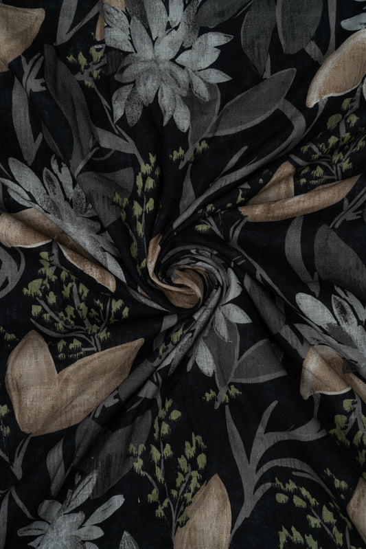 Jade Black Midnight Blooms Printed Pure Linen Fabric (WIdth 58 Inches)