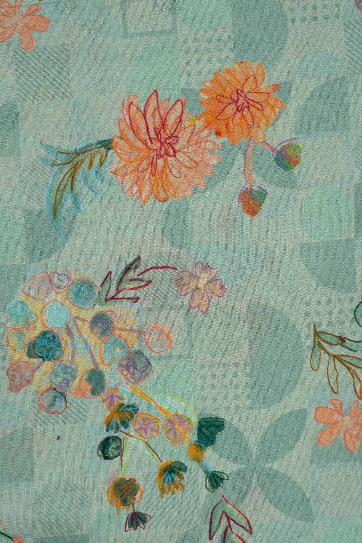 Pistachio Green Floral Printed Pure Linen Fabric (WIdth 58 Inches)