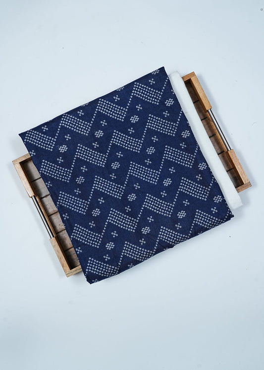 Unisex Navy Blue Chevron Printed Pure Russian Silk Kurta Fabric & White Pure Cotton Pyjama Fabric (2.5 Meters)