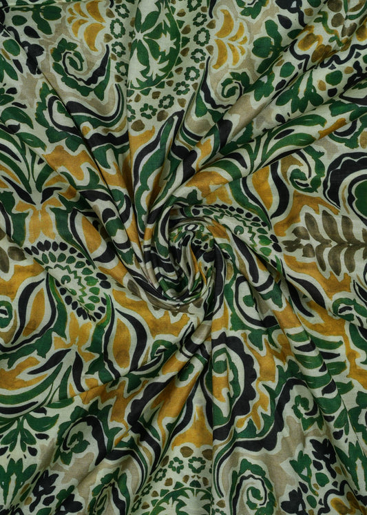 Green & Yellow Ikkat Pure Muslin Printed Fabric