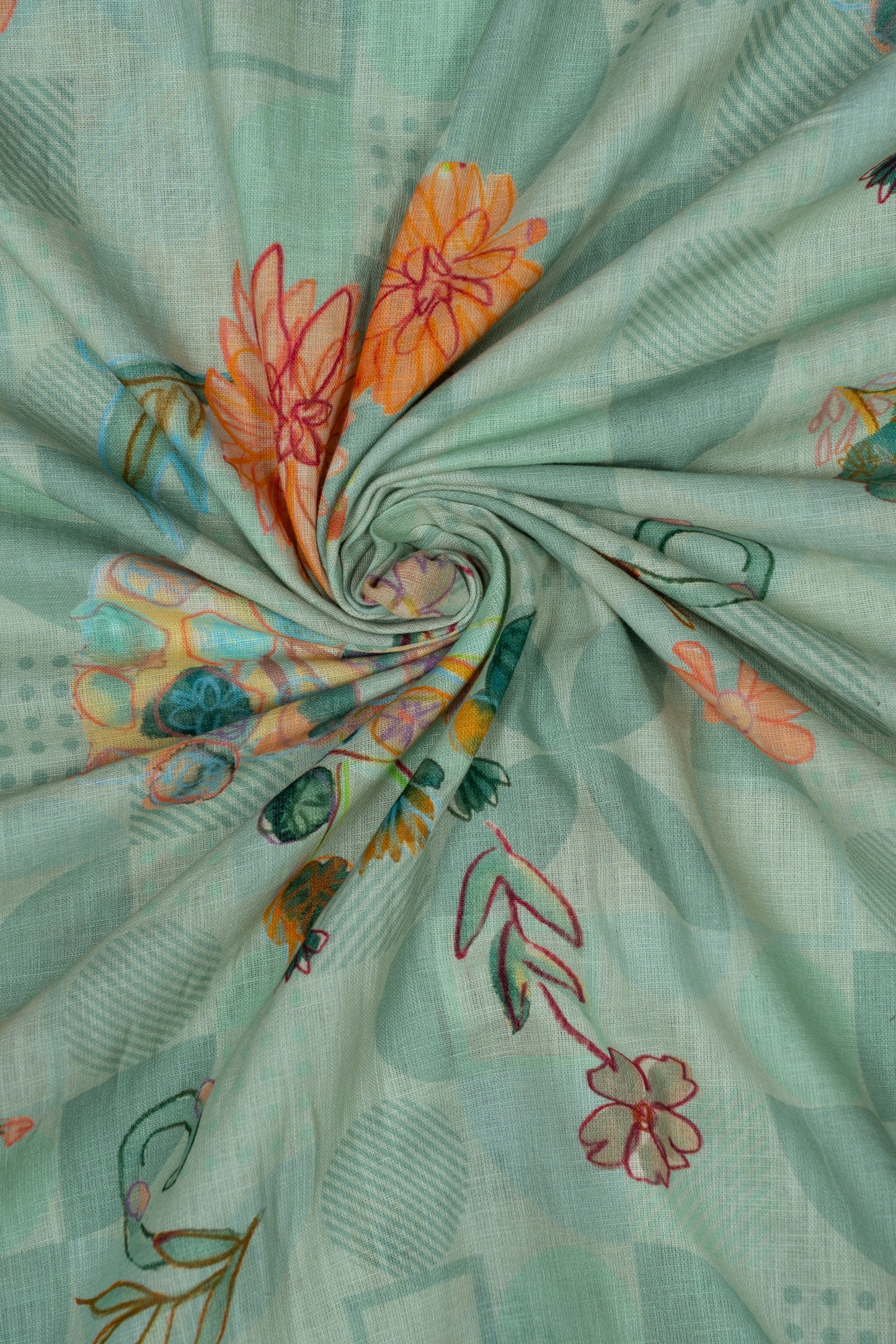 Pistachio Green Floral Printed Pure Linen Fabric (WIdth 58 Inches)