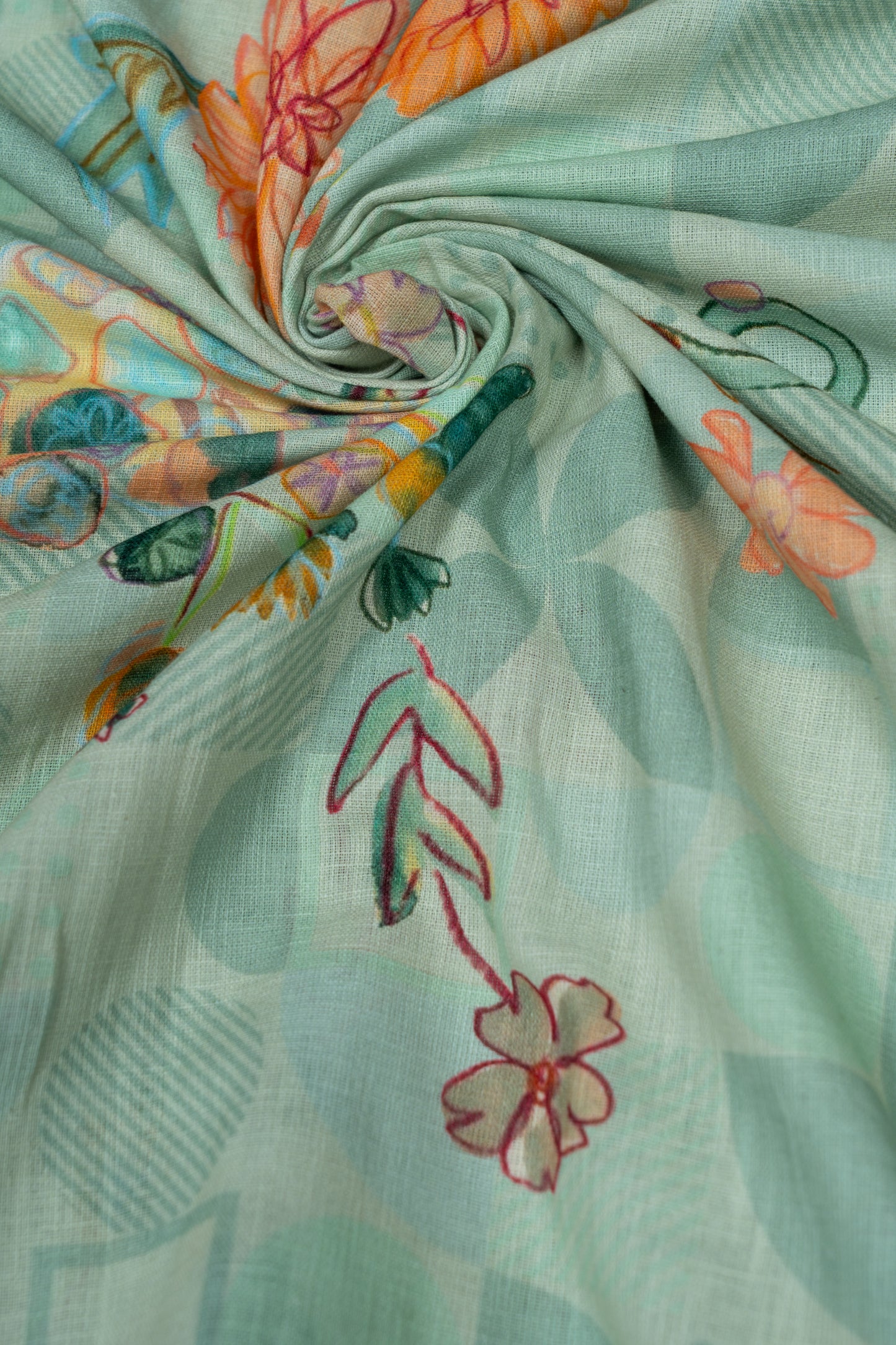 Pistachio Green Floral Printed Pure Linen Fabric (WIdth 58 Inches)