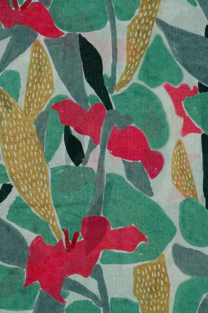 Green Tropical Bloom Symphony Printed Pure Cotton Fabric (Width 44 Inches)