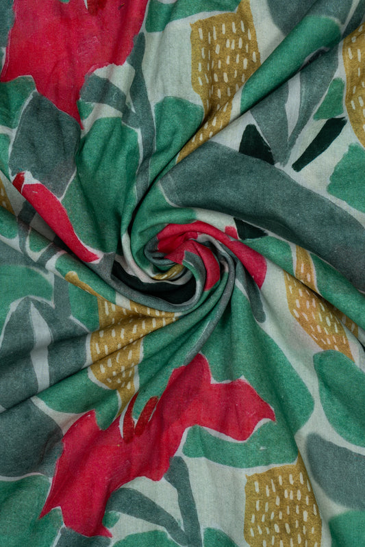 Green Tropical Bloom Symphony Printed Pure Cotton Fabric (Width 44 Inches)