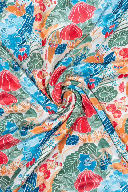 Multicolor Floral Garden Printed Pure Natural Crepe Fabric (Width 44 Inches)