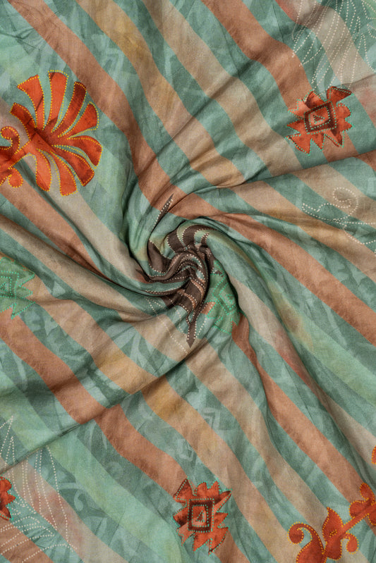 Orange & Light Green Stripes Floral Printed Pure Muslin Fabric (Width 44 Inches)