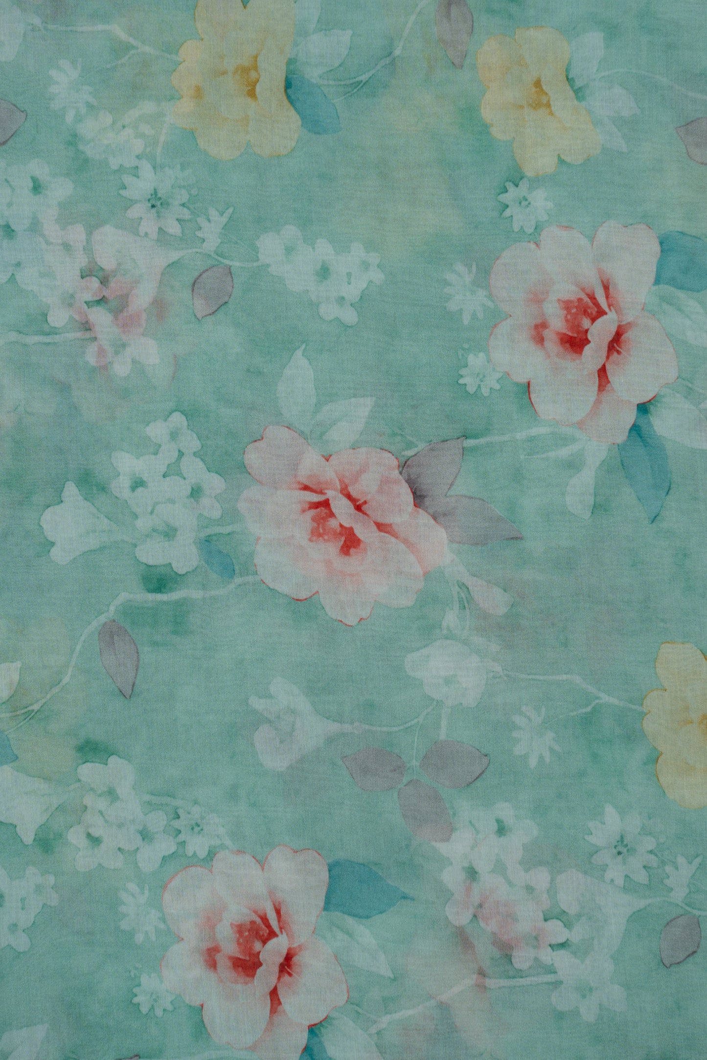 Pink & Yellow Flower Printed Pure Malai Chanderi Fabric ( Width 44 Inches)