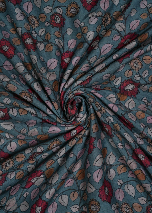 Teal & Red Color Kalamkari Digital Printed Pure Muslin Fabric