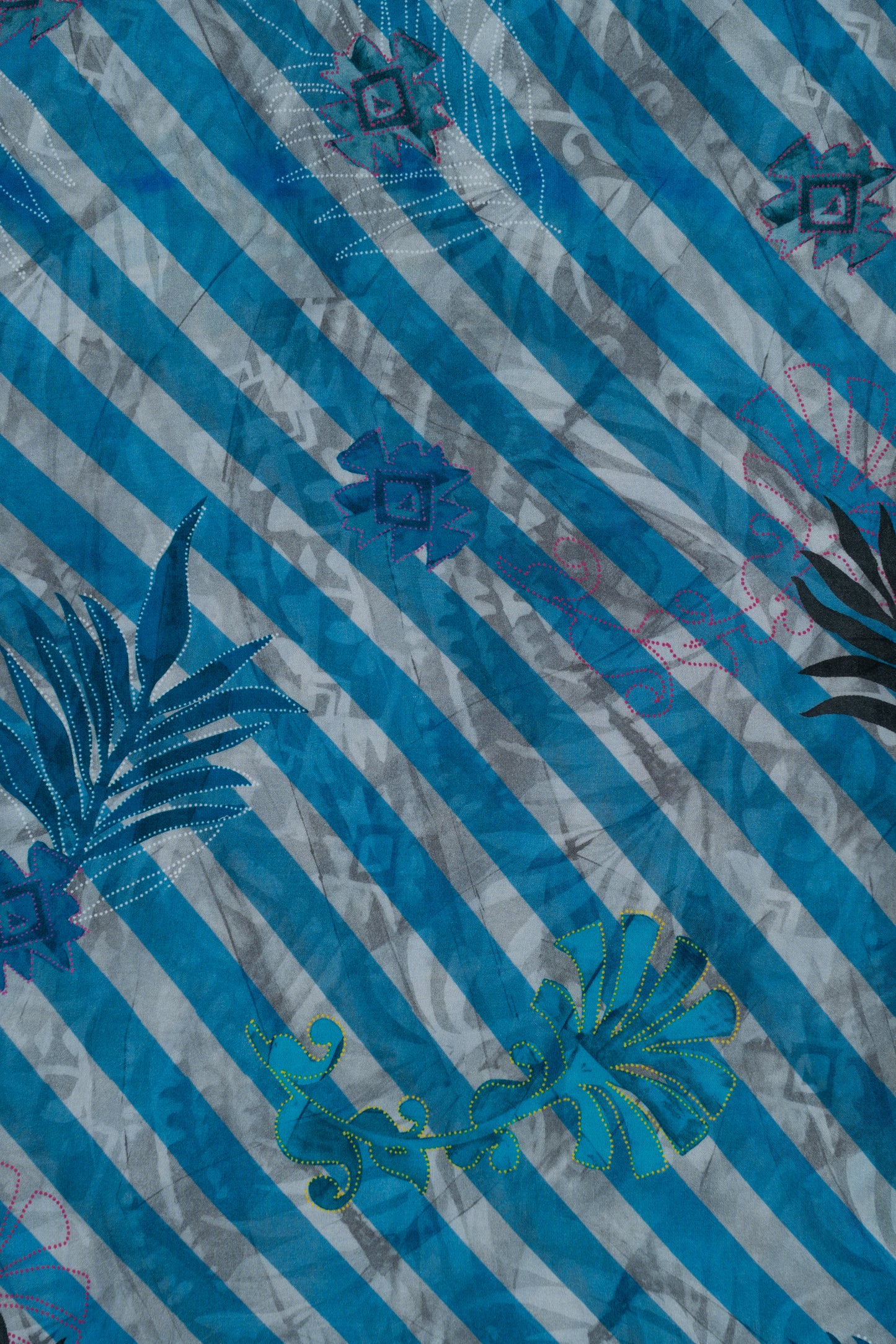 Grey & Blue Stripes And Leaf Printed Pure Muslin Fabric (Width 44 Inches)