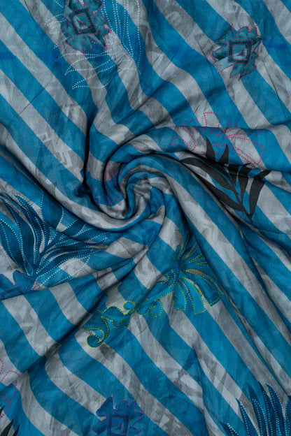 Grey & Blue Stripes And Leaf Printed Pure Muslin Fabric (Width 44 Inches)