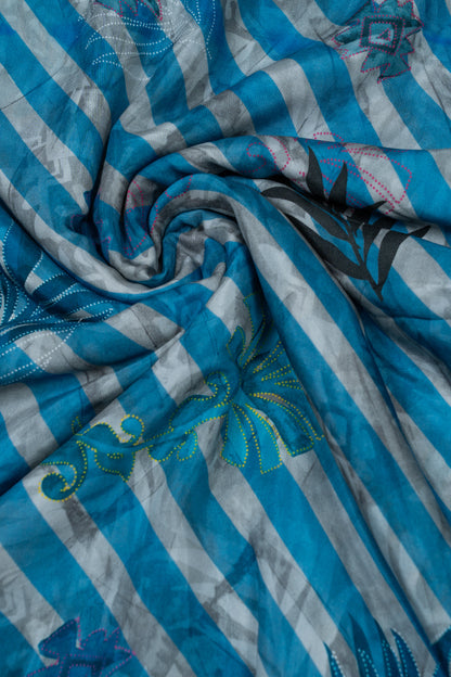 Grey & Blue Stripes And Leaf Printed Pure Muslin Fabric (Width 44 Inches)