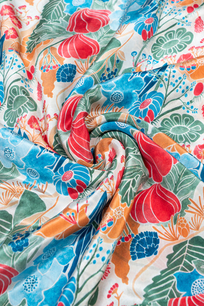 Multicolor Floral Garden Printed Pure Natural Crepe Fabric (Width 44 Inches)