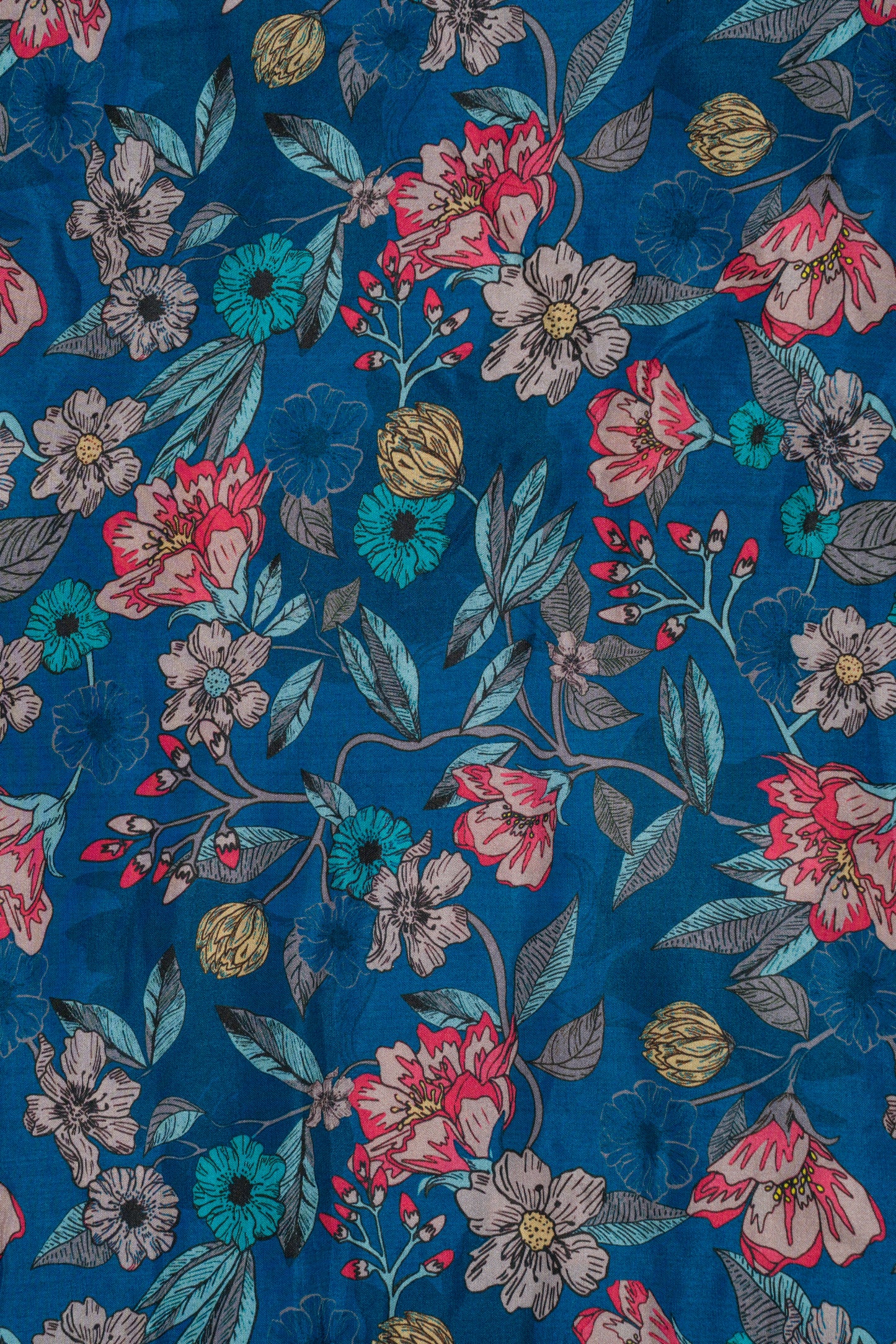 Dark Blue Floral Printed Pure Muslin Fabric (Width 44 Inches)