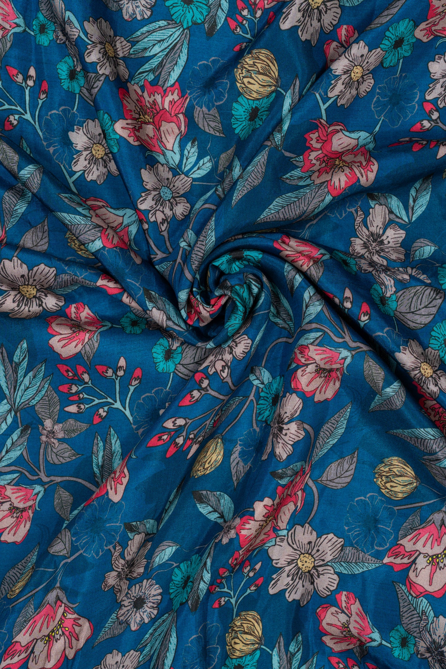 Dark Blue Floral Printed Pure Muslin Fabric (Width 44 Inches)
