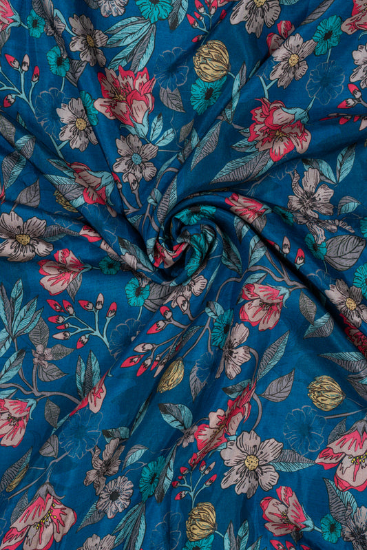 Dark Blue Floral Printed Pure Muslin Fabric (Width 44 Inches)