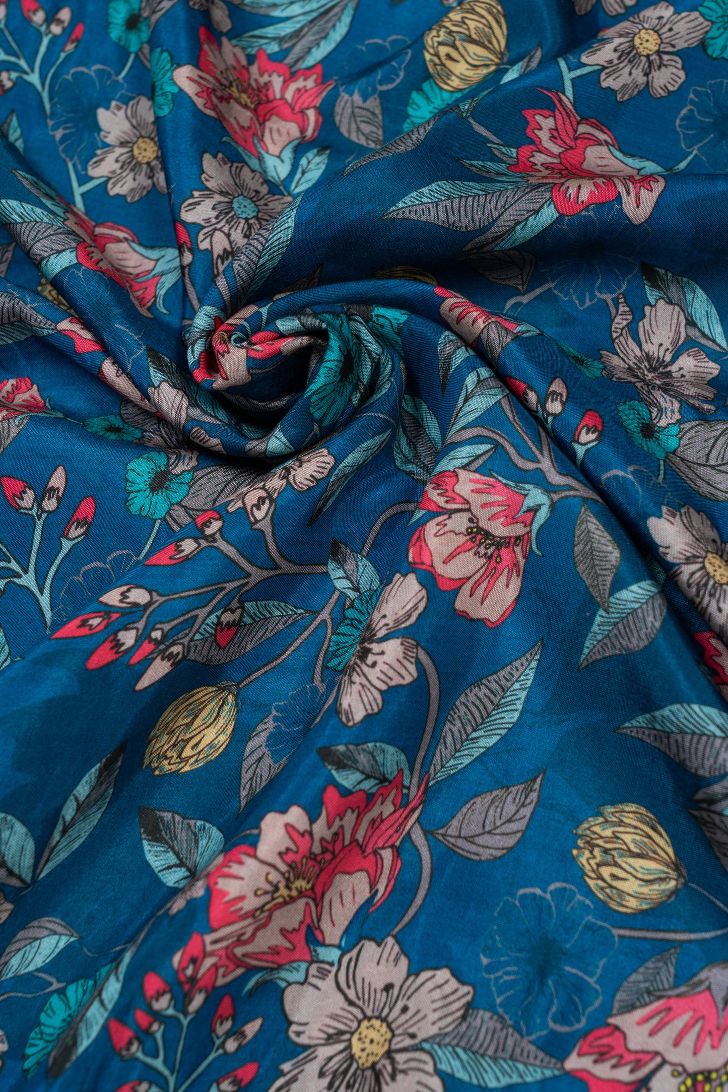 Dark Blue Floral Printed Pure Muslin Fabric (Width 44 Inches)