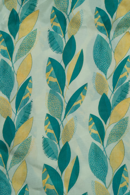Yellow & Green Leaf Printed Pure Muslin Fabric (Width 44 Inches)
