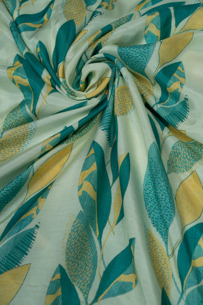 Yellow & Green Leaf Printed Pure Muslin Fabric (Width 44 Inches)