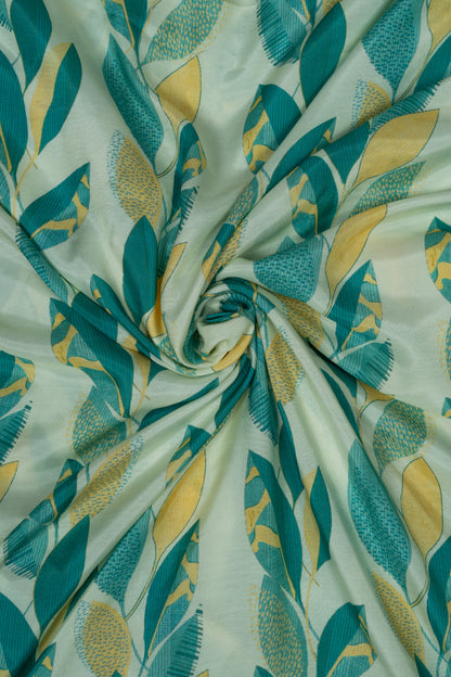 Yellow & Green Leaf Printed Pure Muslin Fabric (Width 44 Inches)