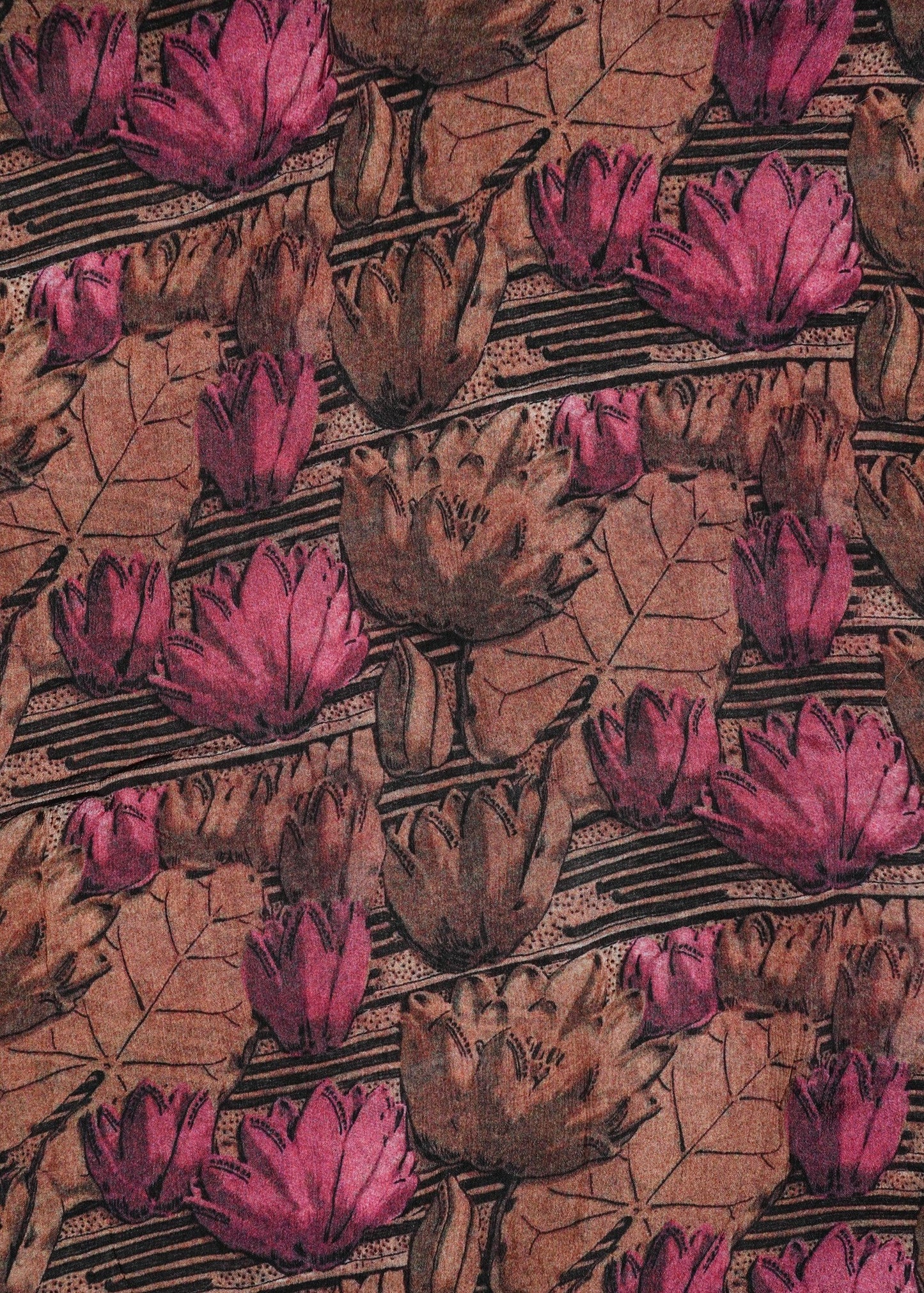 Bronze & Magenta Vintage Flower Printed Pure Chinon Fabric