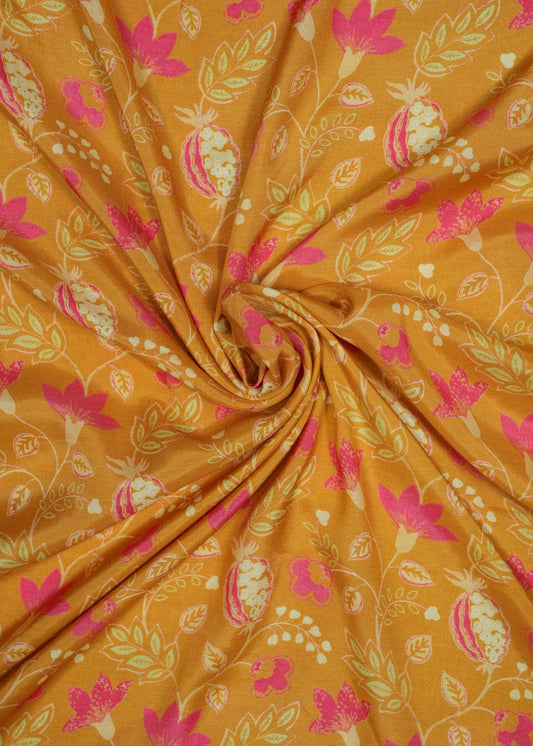 Mustard Yellow Egyptian Floral Printer Pure Muslin Fabric