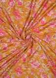 Mustard Yellow & Pink Floral Printed Pure Muslin Fabric