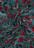 Charleston Green & Red Egyptian Floral Digital Printed Pure Natural Crepe Fabric (Width 58