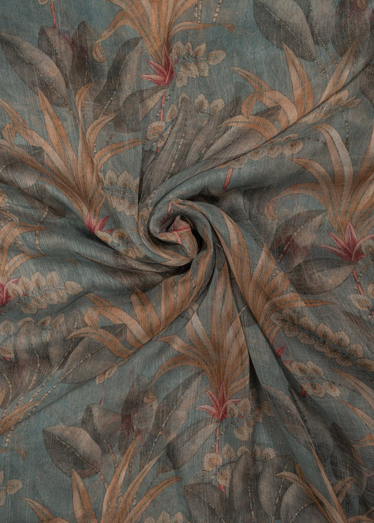 Grey & Brown Victorian Floral Garden Chiffon Printed Fabric