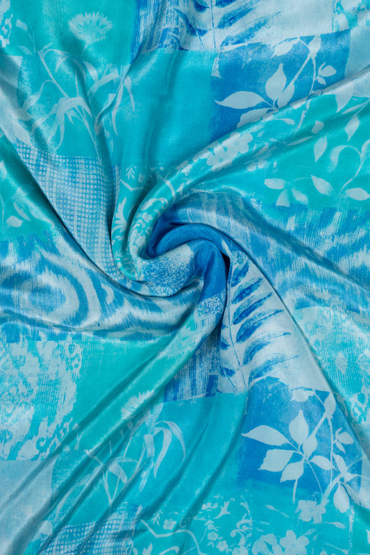 Pastel Blue Applique Printed Pure Natural Crepe Fabric (Width 44 Inches)