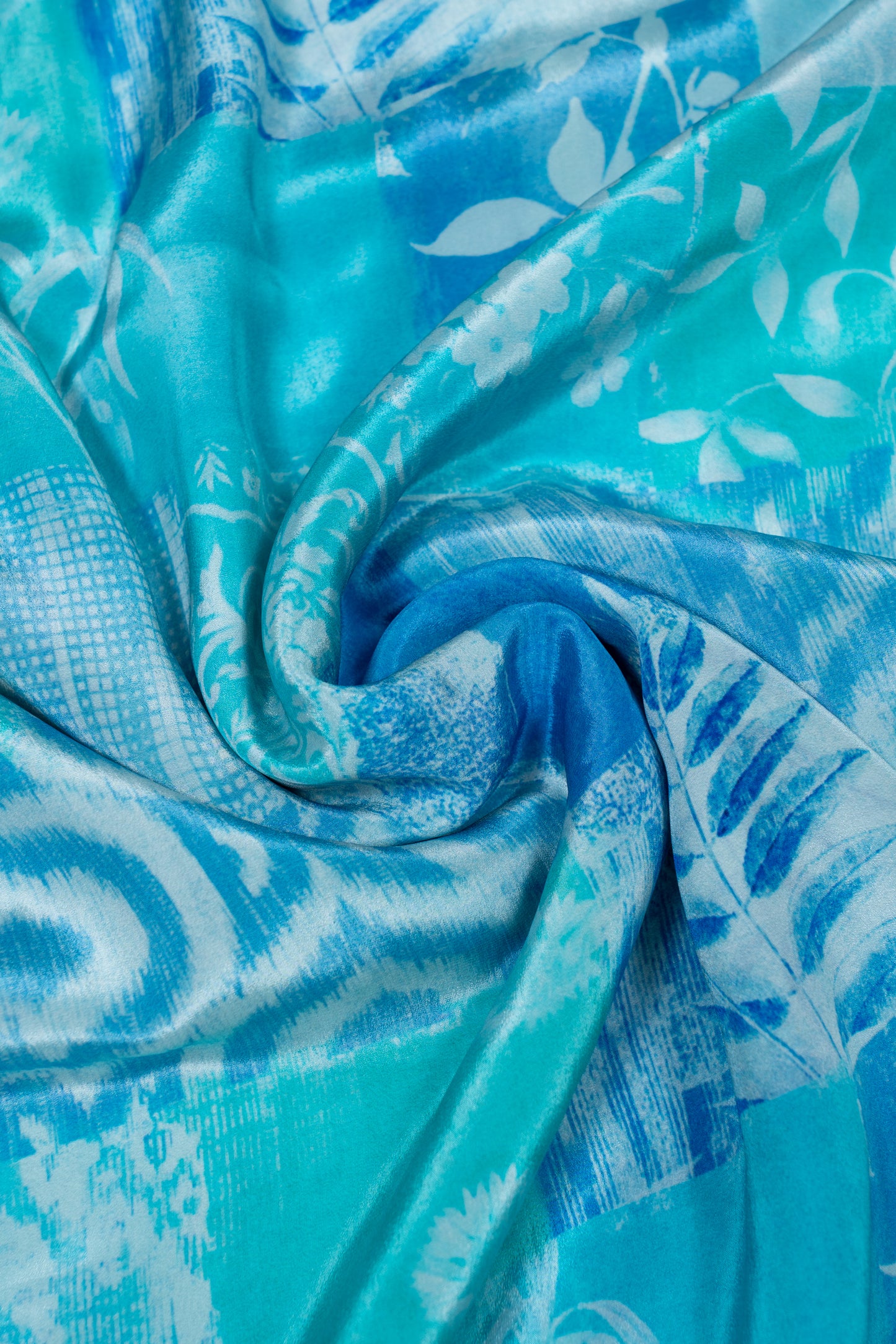Pastel Blue Applique Printed Pure Natural Crepe Fabric (Width 44 Inches)