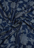 Dark Blue Flower Printed Pure Russian Silk Fabric