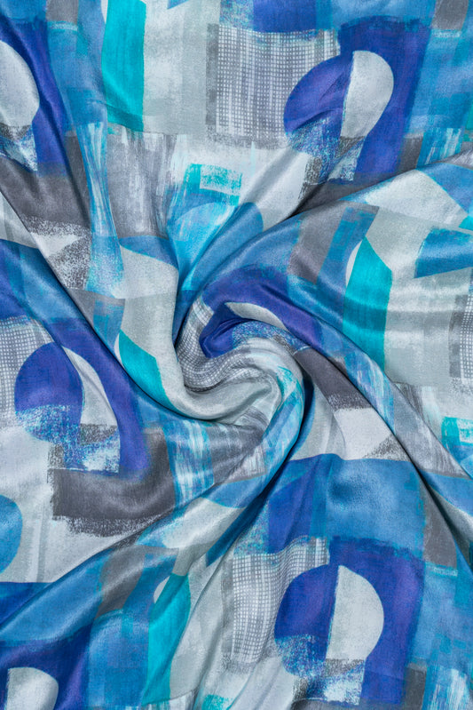 Grey & Turqouise Abstract Printed Pure Natural Crepe Fabric (Width 44 Inches)