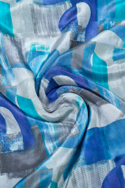Grey & Turqouise Abstract Printed Pure Natural Crepe Fabric (Width 44 Inches)