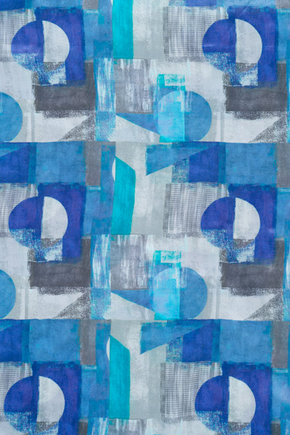 Grey & Turqouise Abstract Printed Pure Natural Crepe Fabric (Width 44 Inches)