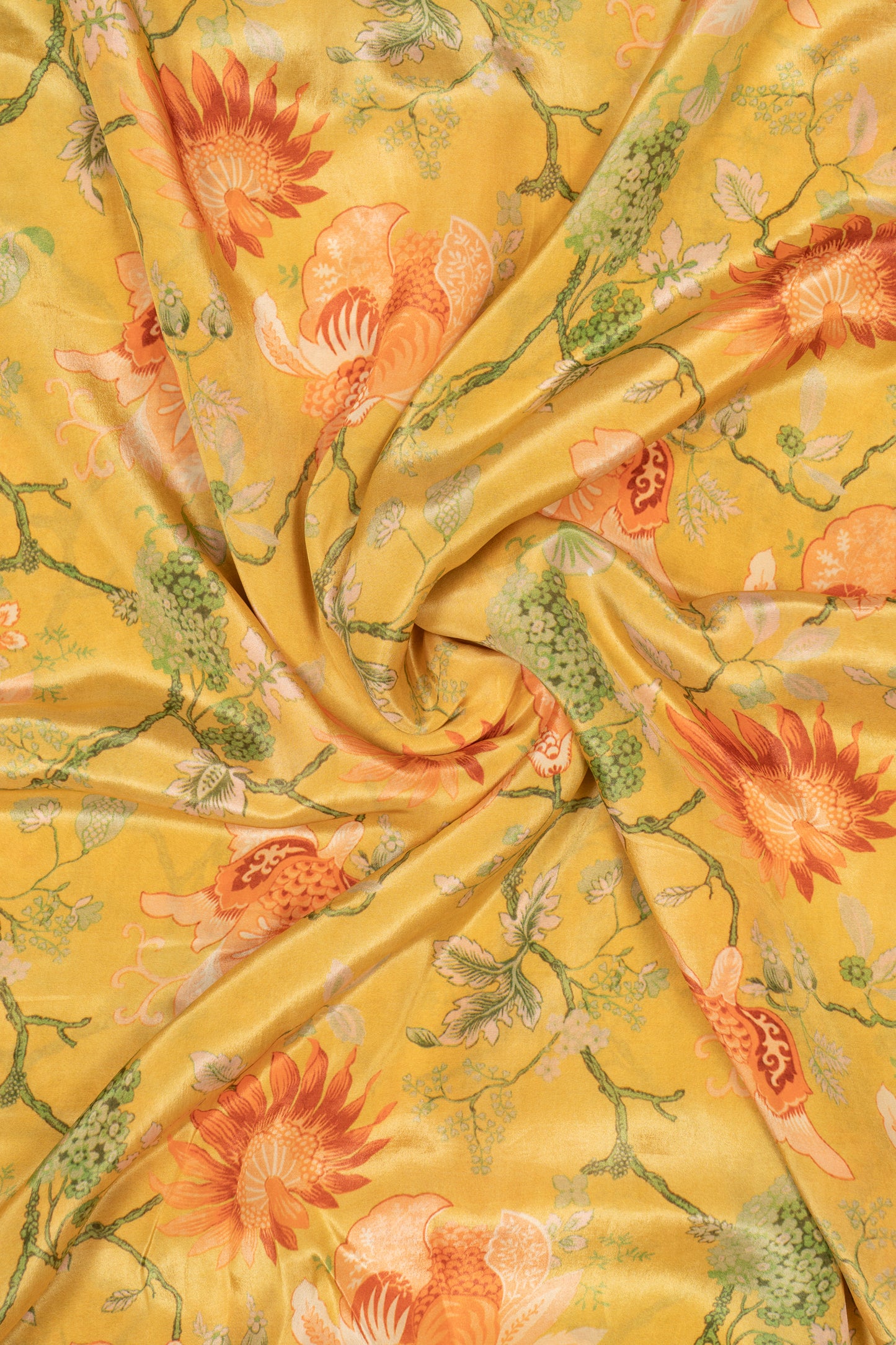 Yellow & Orange Vintage Floral Printed Pure Natural Crepe Fabric (Width 44 Inches)