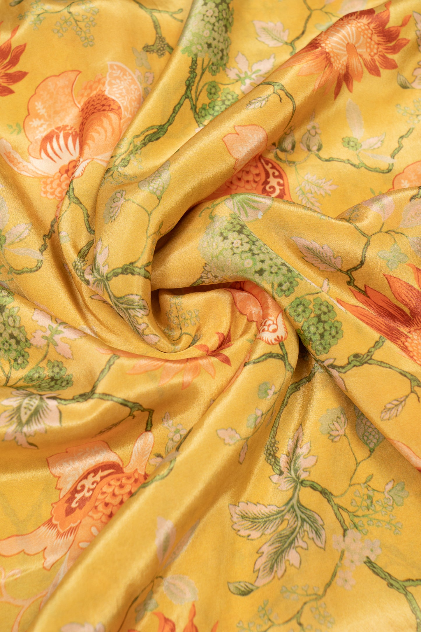 Yellow & Orange Vintage Floral Printed Pure Natural Crepe Fabric (Width 44 Inches)