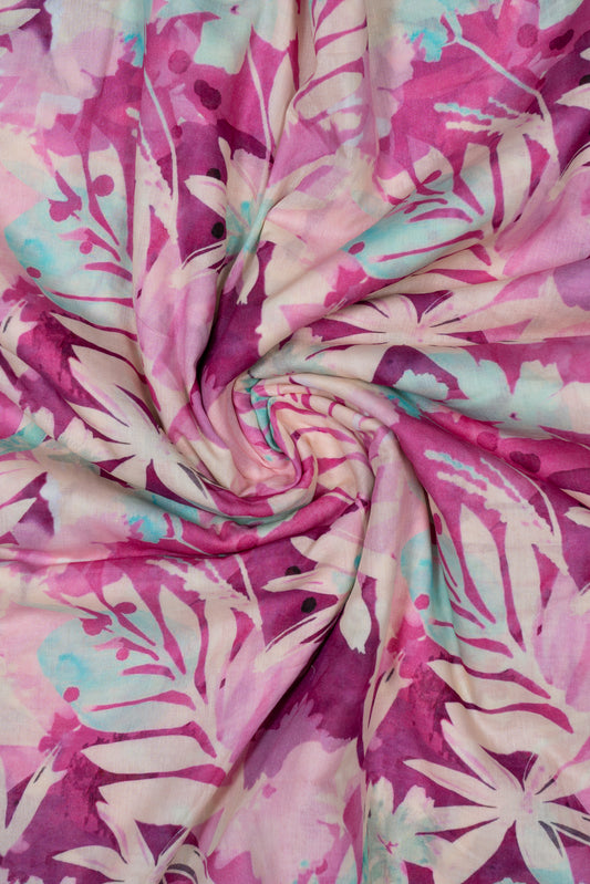 Magenta & Multicolor Leaf Printed Pure Cotton Fabric (Width 44 Inches)