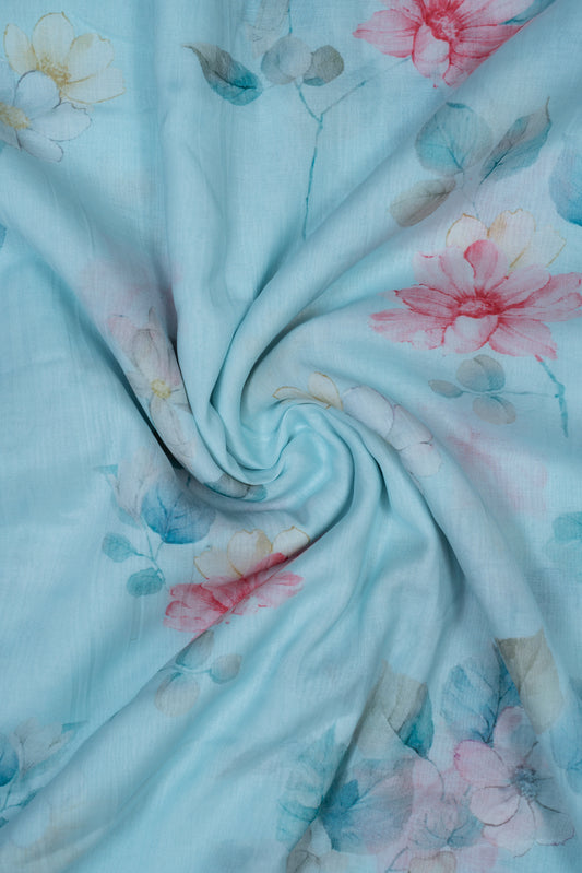 Sky Blue & Pink Color Floral Printed Pure Malai Chanderi Fabric (Width 44 Inches)