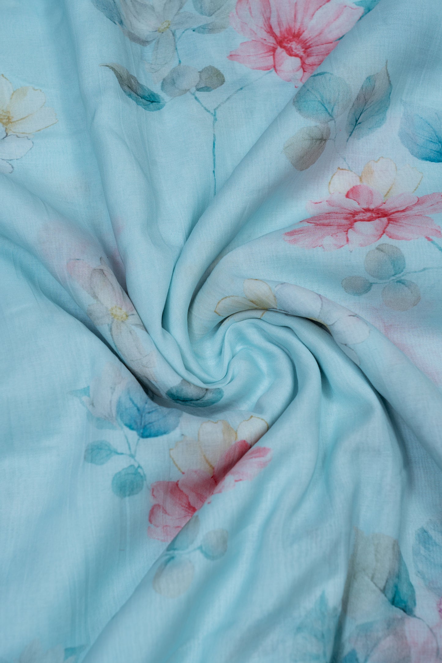 Sky Blue & Pink Color Floral Printed Pure Malai Chanderi Fabric (Width 44 Inches)