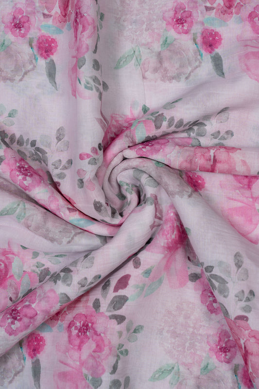 Pink Floral Digital Printed Pure Malai Chanderi Fabric (Width 44 Inches)