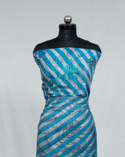 Grey & Blue Stripes And Leaf Printed Pure Muslin Fabric (Width 44 Inches)