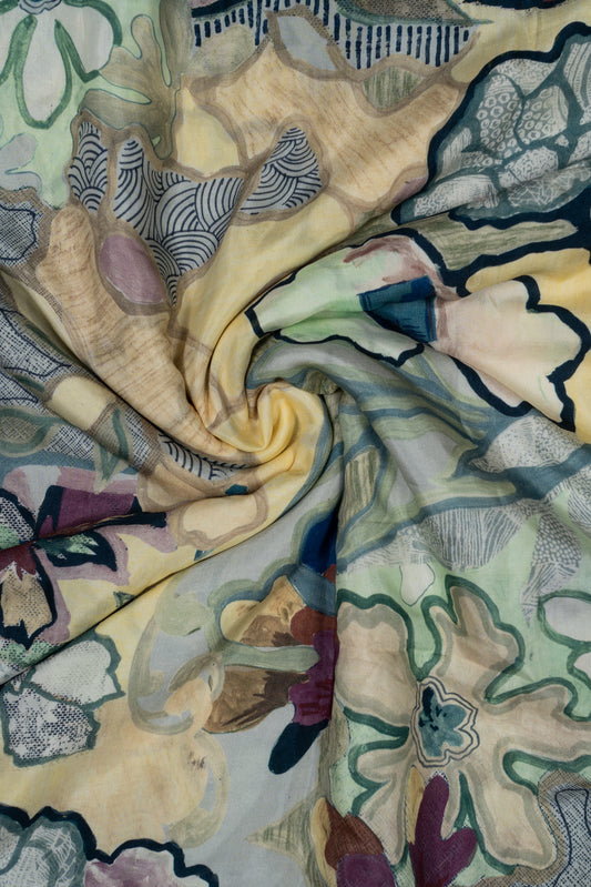 Pastel Yellow & Green Abstract Floral Printed Pure Muslin Fabric (Width 44 Inches)