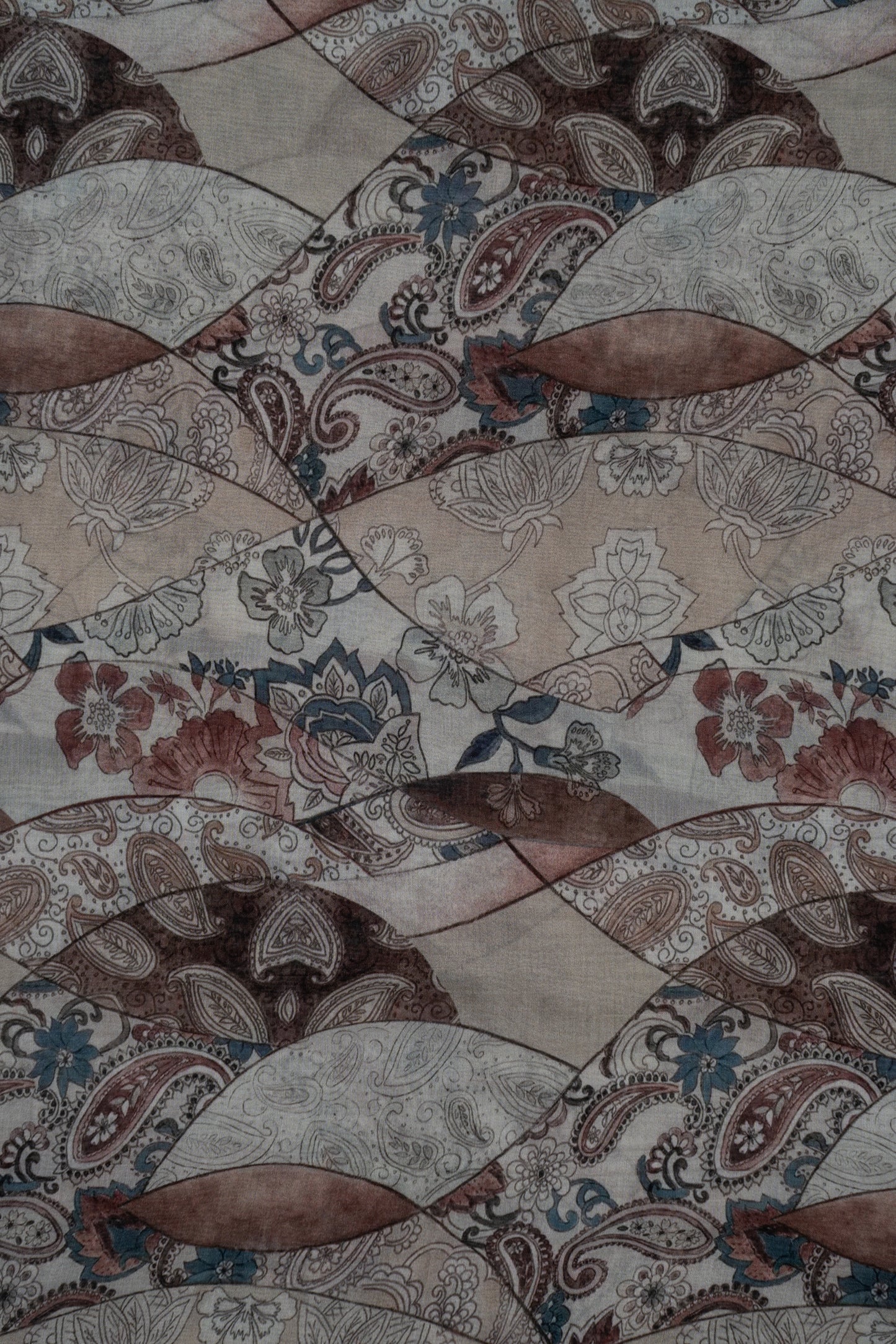 Light & Dark Brown Paisley Printed Pure Malai Chanderi Fabric (Width 44 Inches)