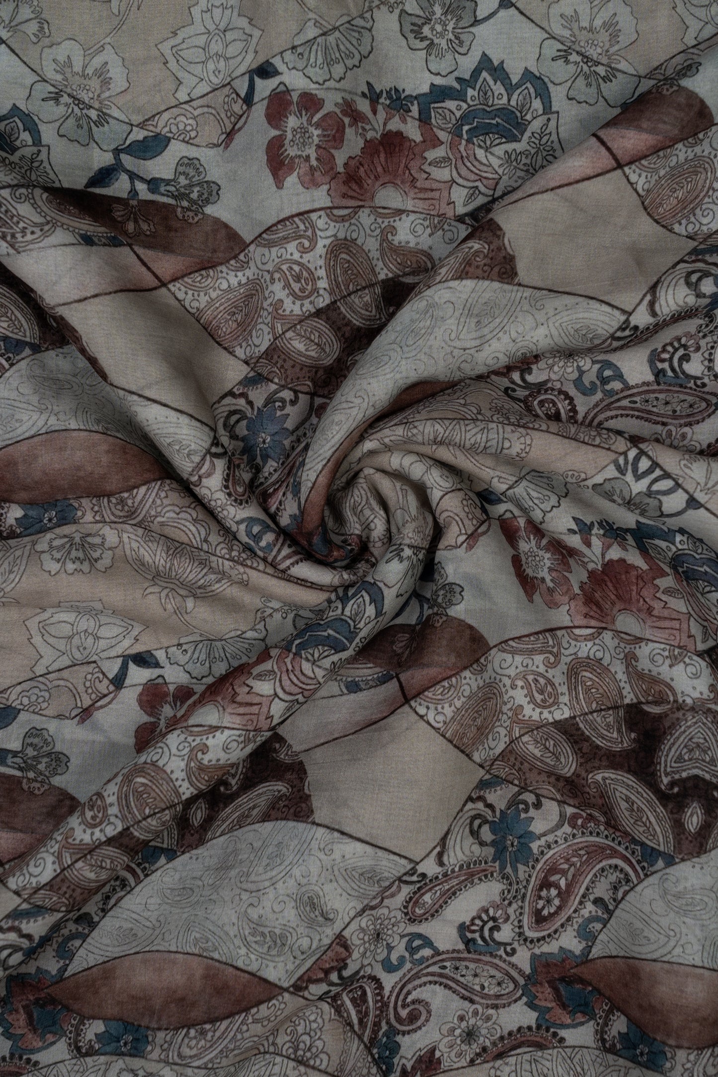Light & Dark Brown Paisley Printed Pure Malai Chanderi Fabric (Width 44 Inches)