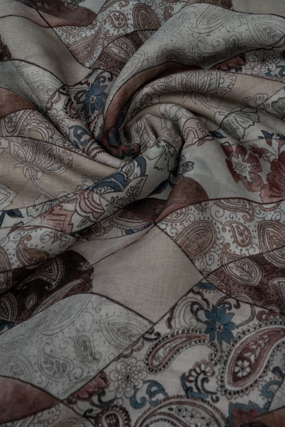 Light & Dark Brown Paisley Printed Pure Malai Chanderi Fabric (Width 44 Inches)