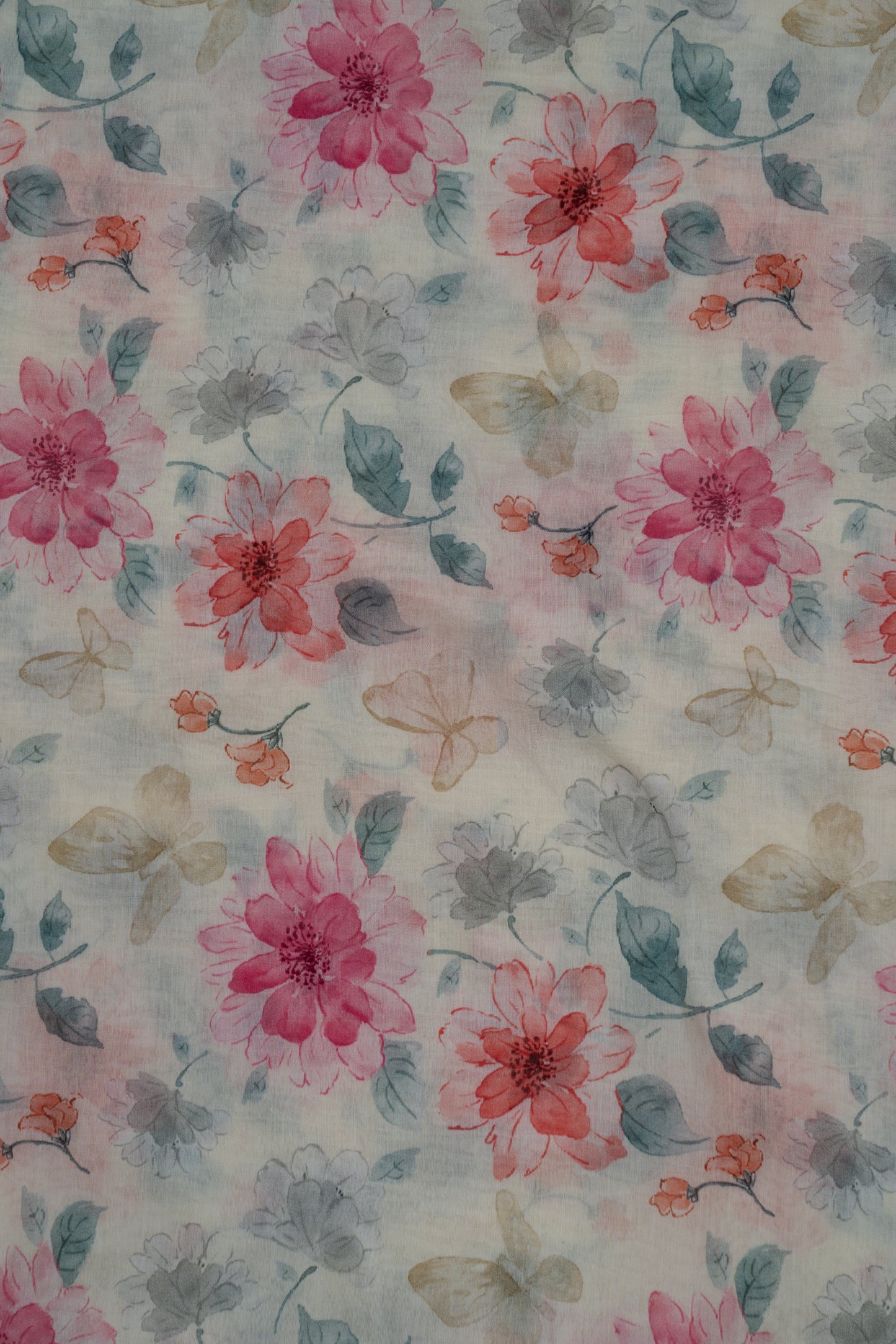 Cream & Pink Flower Garden Digital Printed Pure Malai Chanderi Fabric (Width 44 Inches)