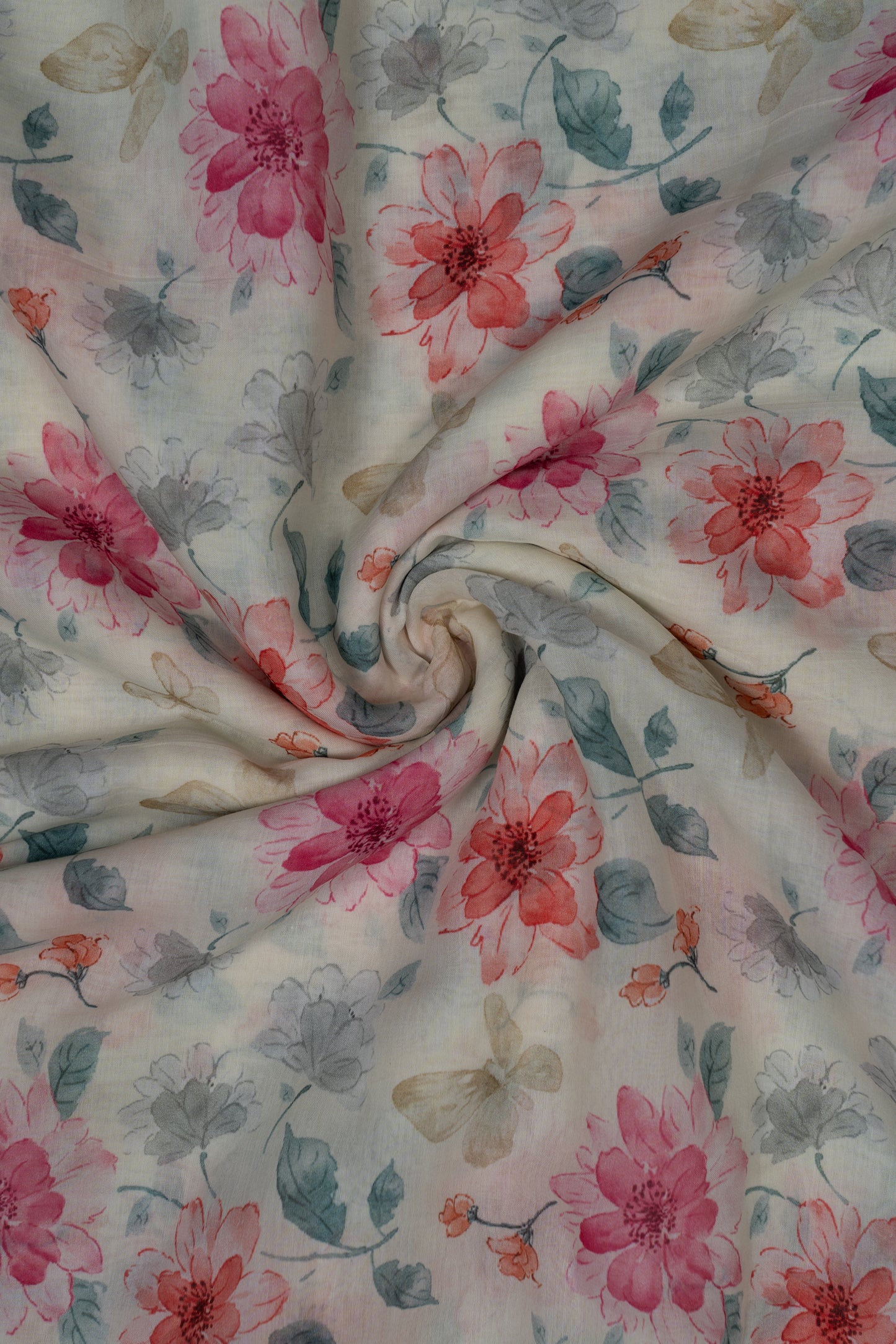 Cream & Pink Flower Garden Digital Printed Pure Malai Chanderi Fabric (Width 44 Inches)
