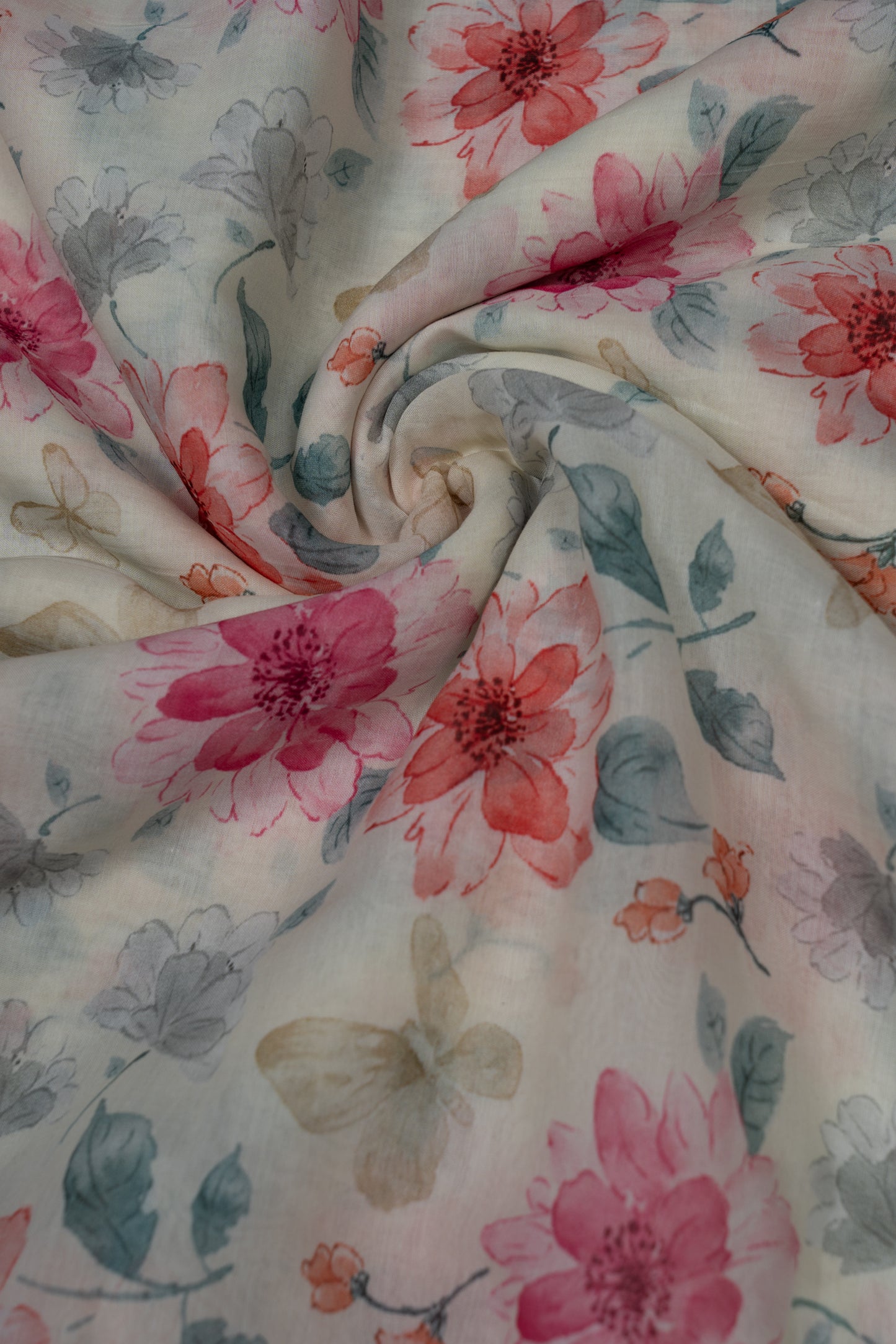 Cream & Pink Flower Garden Digital Printed Pure Malai Chanderi Fabric (Width 44 Inches)