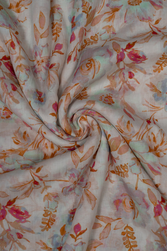Vintage Rosewood Bloom Floral Printed Pure Malai Chanderi Fabric (Width 44 Inches)