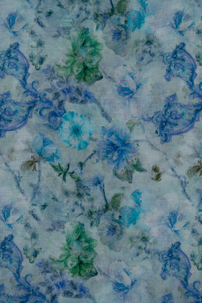 Ethereal Blue Floral Elegance Printed Pure Malai Chanderi fabric (Width 44 Inches)